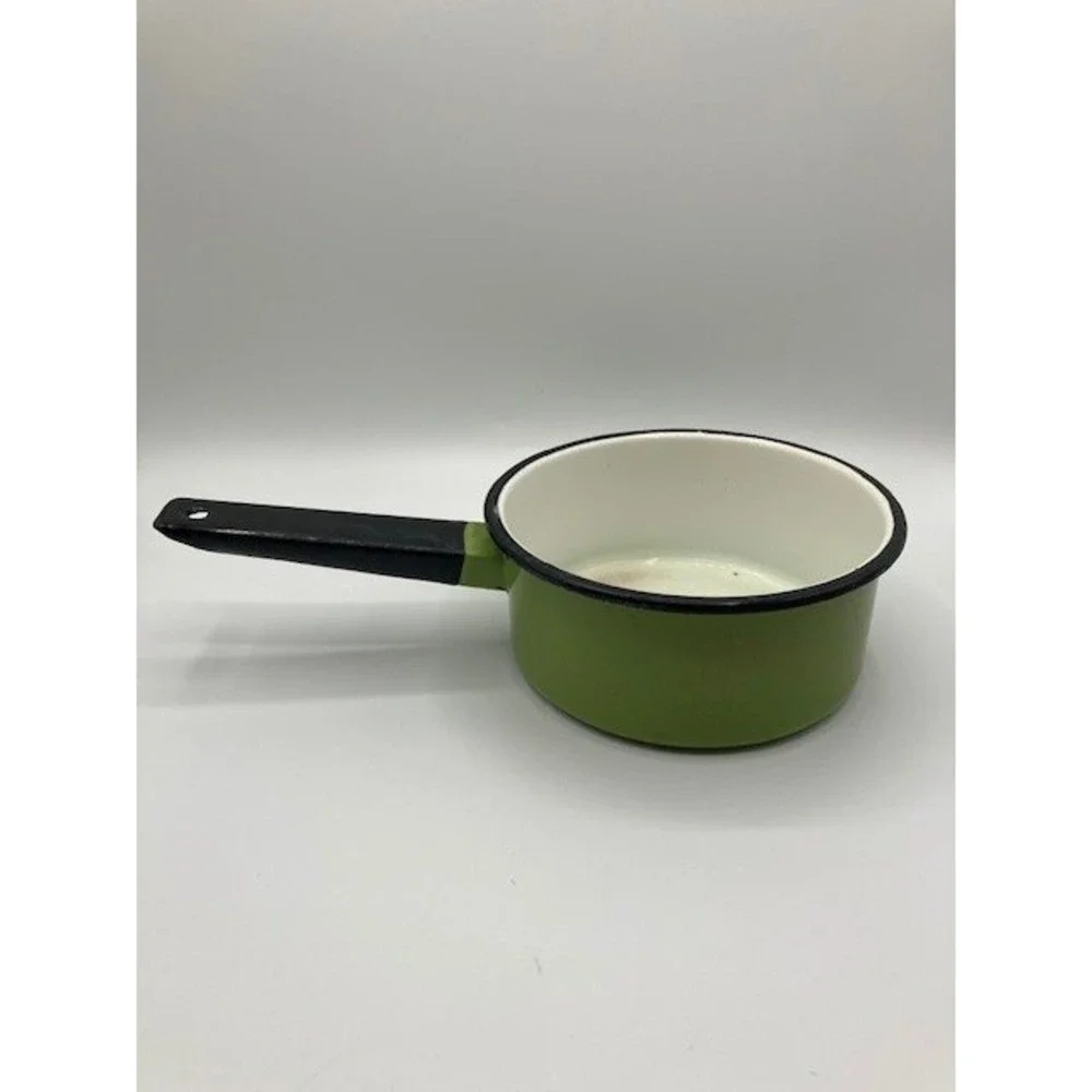 Vintage‎ Saucepan Enamelware Green/White Mid Century Modern Kitchen Decor 3 cup